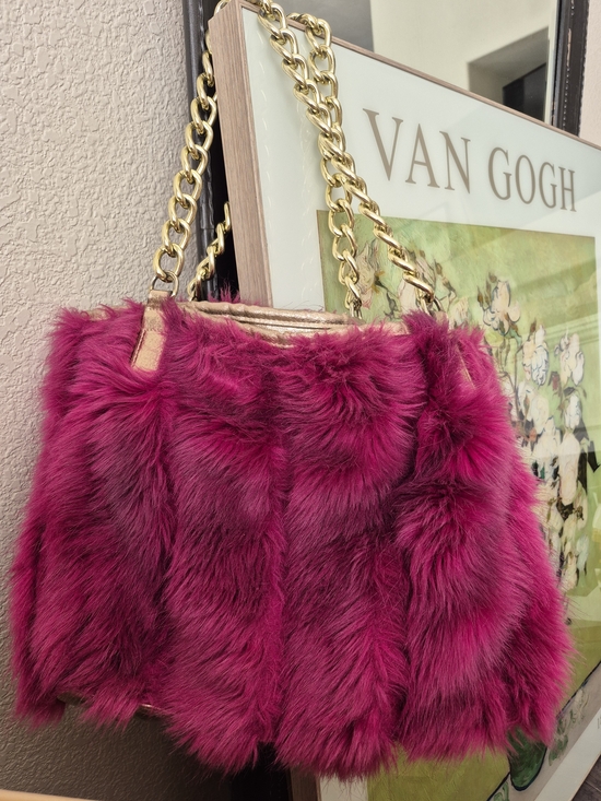 Betsey Johnson Handbags - Betsey Johnson Plush Faux Fur Shoulder Bag in Magenta with Gold Chain